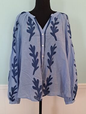 DR2 Peasant Blouse, Graphic Blue/White Matisse Style Pattern, Size XL